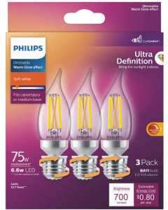 Philips 564492 Dimmable BA11 LED Bulb - 6.6BA11/PER/UD/CL/G/E12+E26/WGD 3PF T20