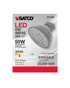 Satco S11341 LED MR16 Bulb - 6MR16/LED/40'/830/24V AC/DC